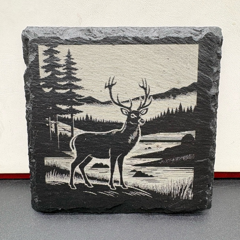 Rustic Deer Slate Coasters - Black and Gray (Set of 4) Laser Engraved Coated - Picture 2 of 8